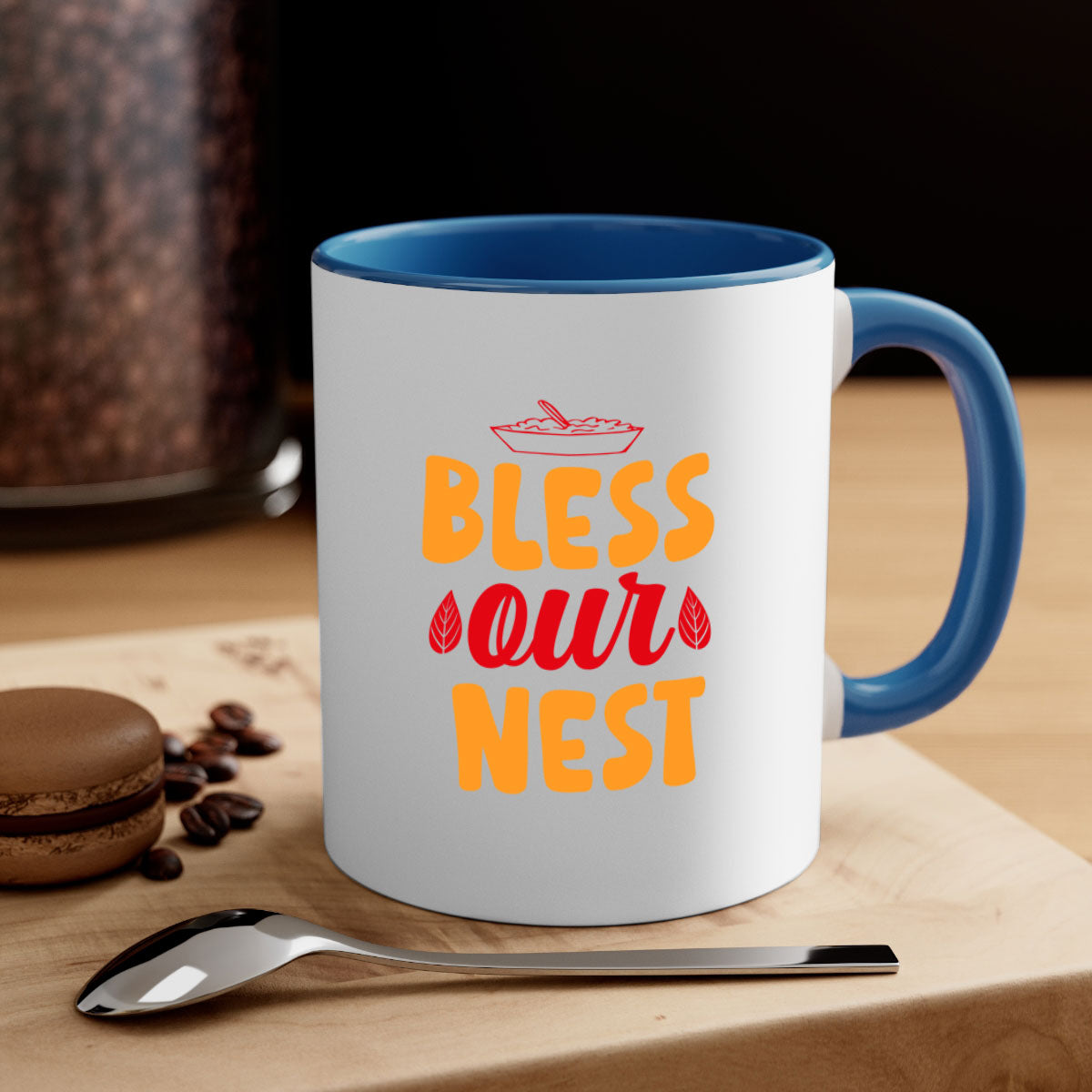 Bless our nest 54# mug featuring a glossy finish, colored handle, and interior, available in multiple colors and sizes.