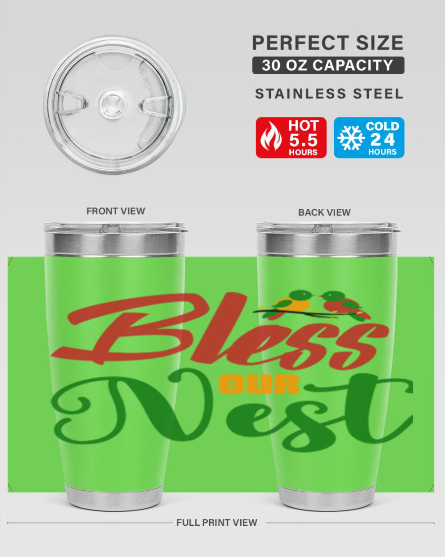 Bless Our Nest 20oz Tumbler featuring double wall vacuum stainless steel and a stylish design, perfect for hot and cold beverages.