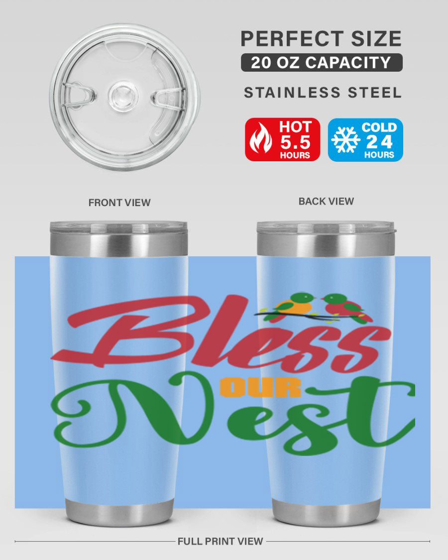 Bless Our Nest 20oz Tumbler featuring double wall vacuum stainless steel and a stylish design, perfect for hot and cold beverages.