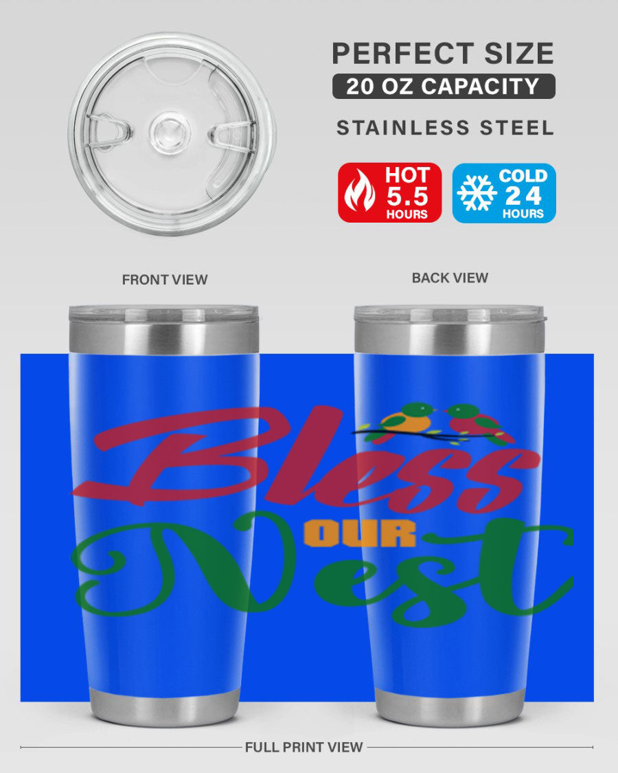 Bless Our Nest 20oz Tumbler featuring double wall vacuum stainless steel and a stylish design, perfect for hot and cold beverages.