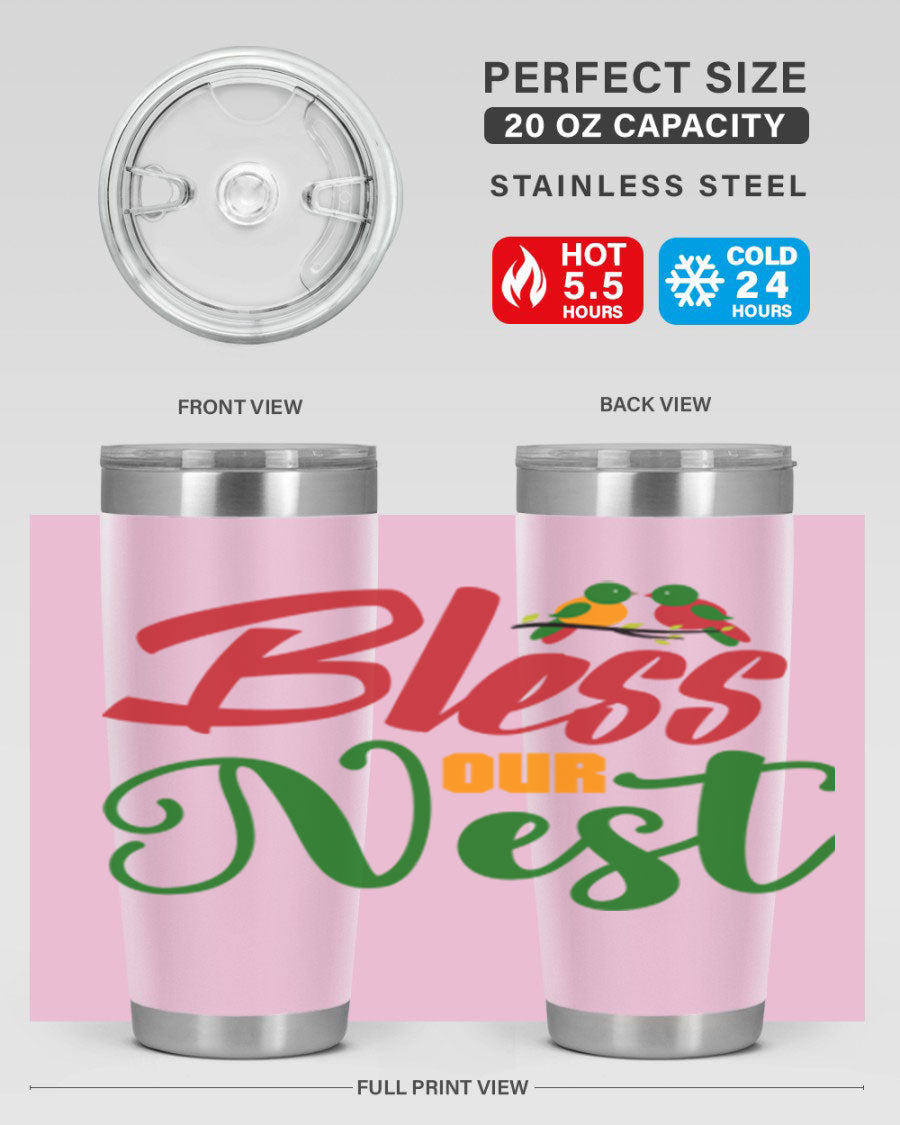 Bless Our Nest 20oz Tumbler featuring double wall vacuum stainless steel and a stylish design, perfect for hot and cold beverages.