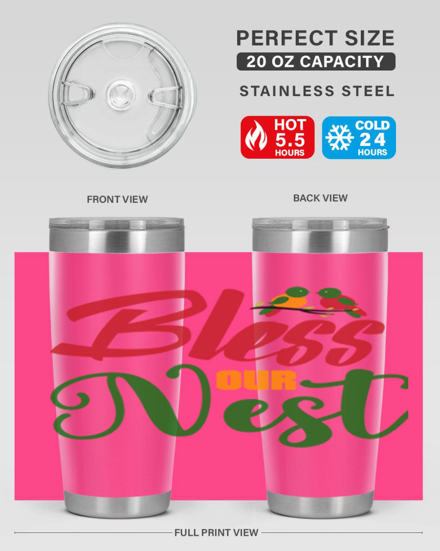 Bless Our Nest 20oz Tumbler featuring double wall vacuum stainless steel and a stylish design, perfect for hot and cold beverages.