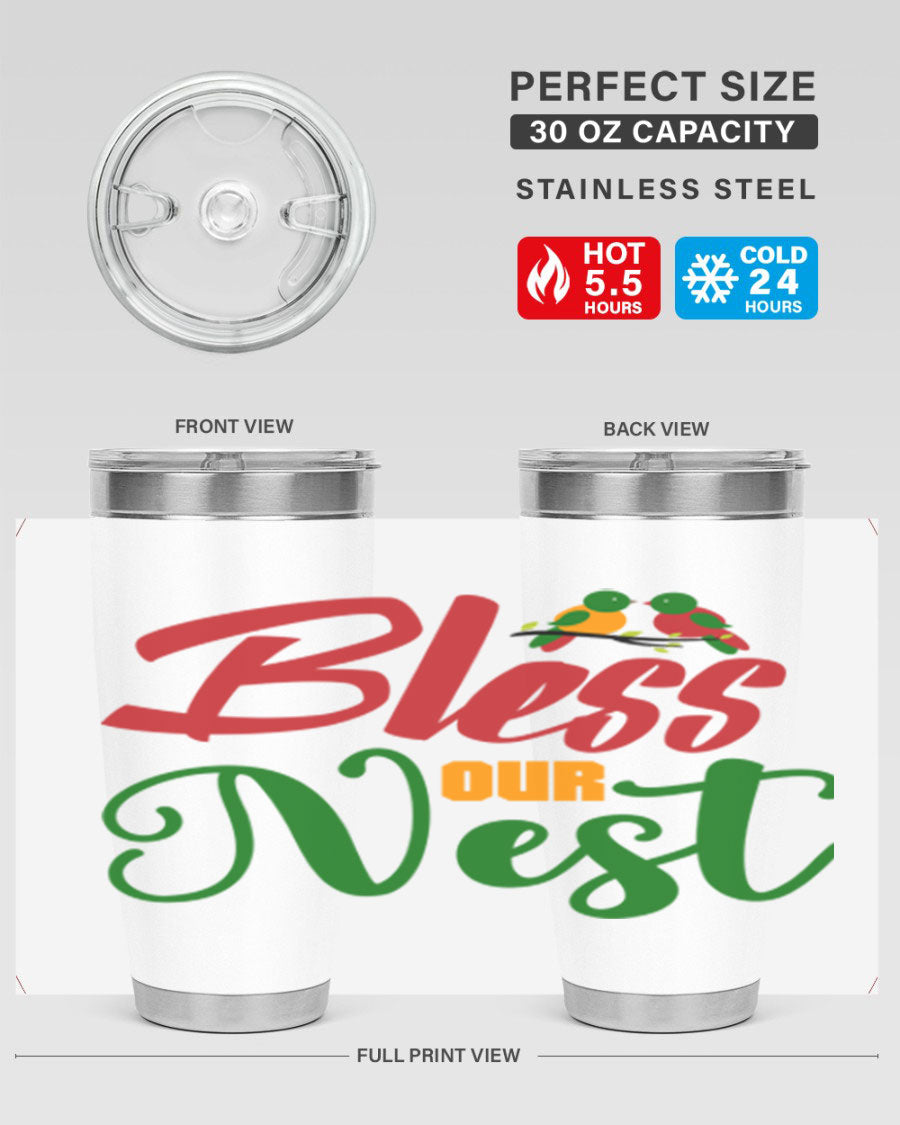 Bless Our Nest 20oz Tumbler featuring double wall vacuum stainless steel and a stylish design, perfect for hot and cold beverages.