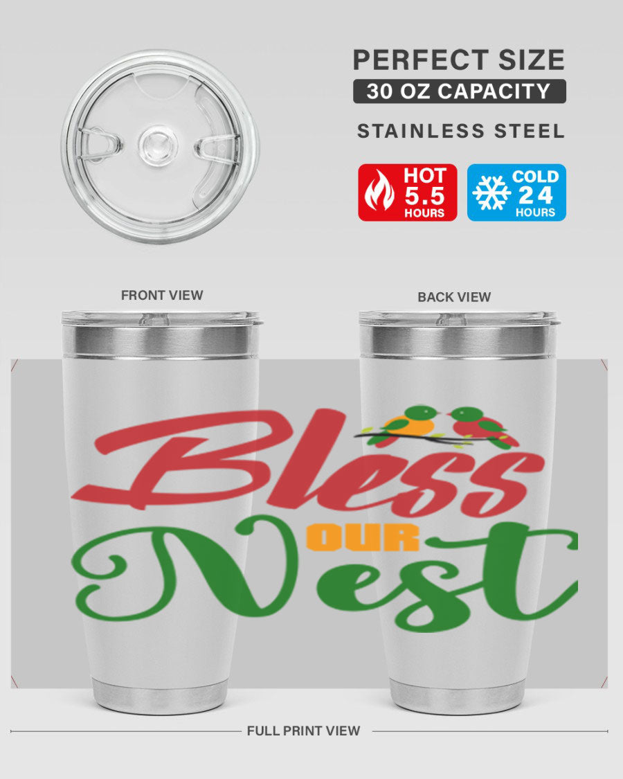 Bless Our Nest 20oz Tumbler featuring double wall vacuum stainless steel and a stylish design, perfect for hot and cold beverages.