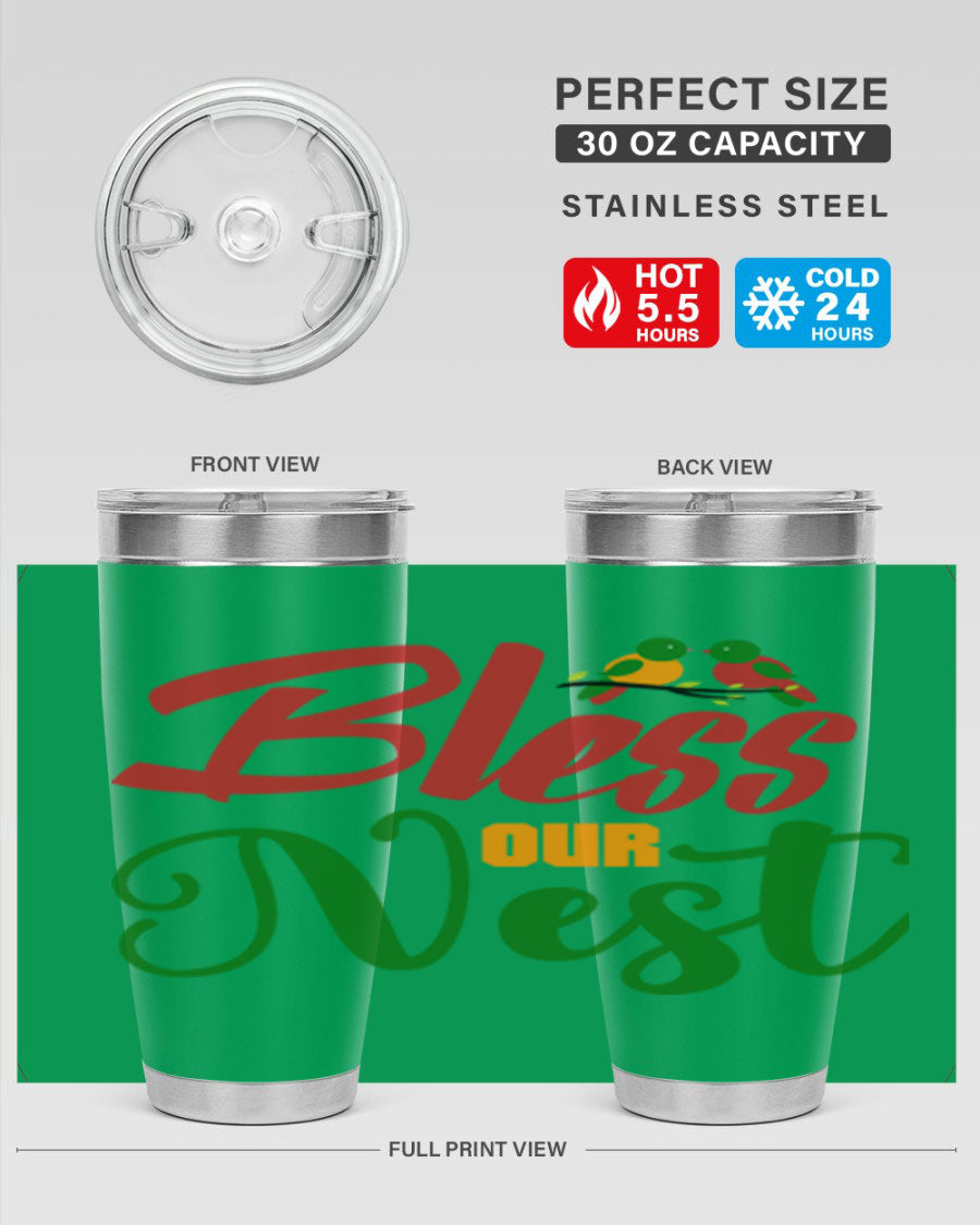 Bless Our Nest 20oz Tumbler featuring double wall vacuum stainless steel and a stylish design, perfect for hot and cold beverages.