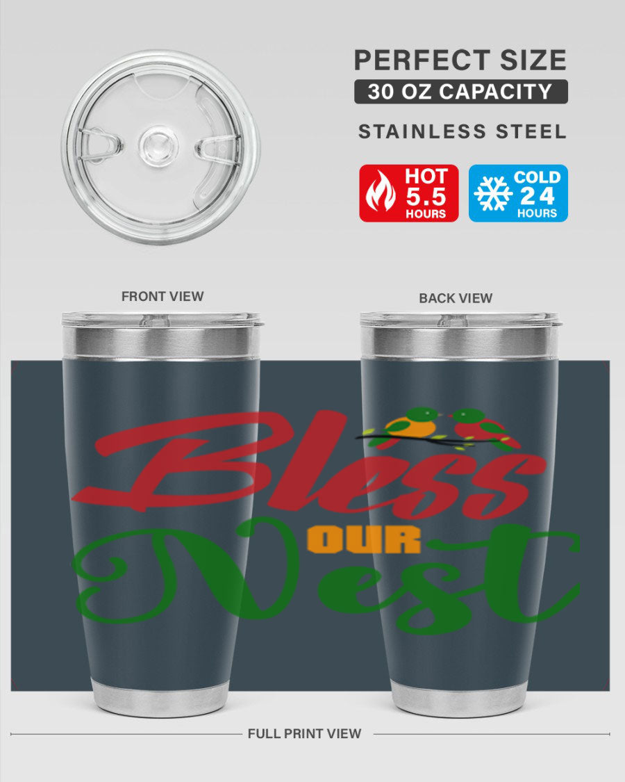 Bless Our Nest 20oz Tumbler featuring double wall vacuum stainless steel and a stylish design, perfect for hot and cold beverages.