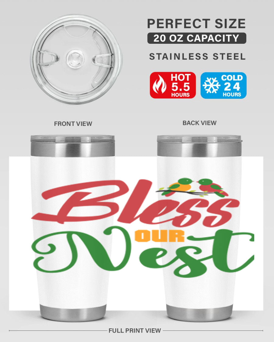 Bless Our Nest 20oz Tumbler featuring double wall vacuum stainless steel and a stylish design, perfect for hot and cold beverages.