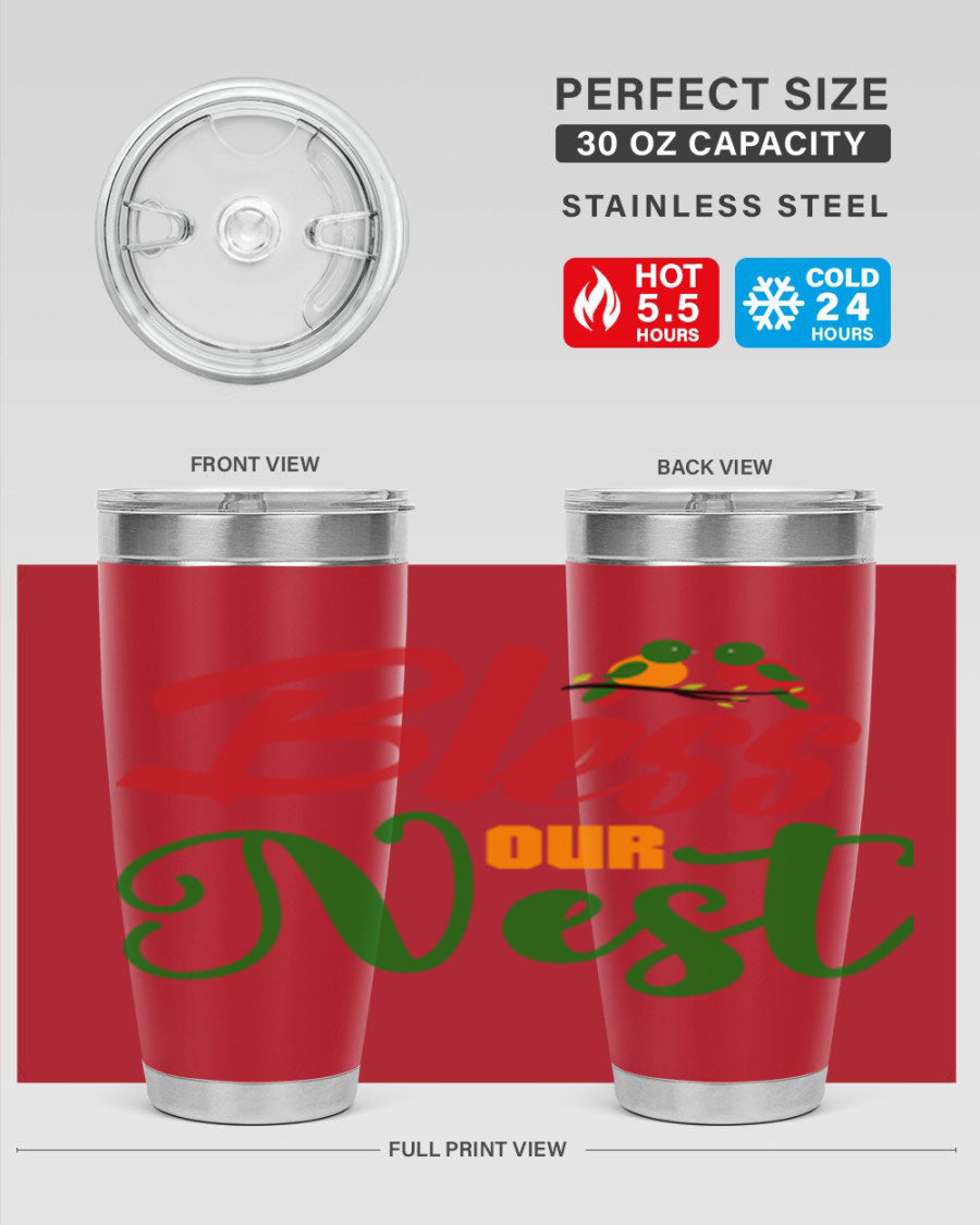 Bless Our Nest 20oz Tumbler featuring double wall vacuum stainless steel and a stylish design, perfect for hot and cold beverages.