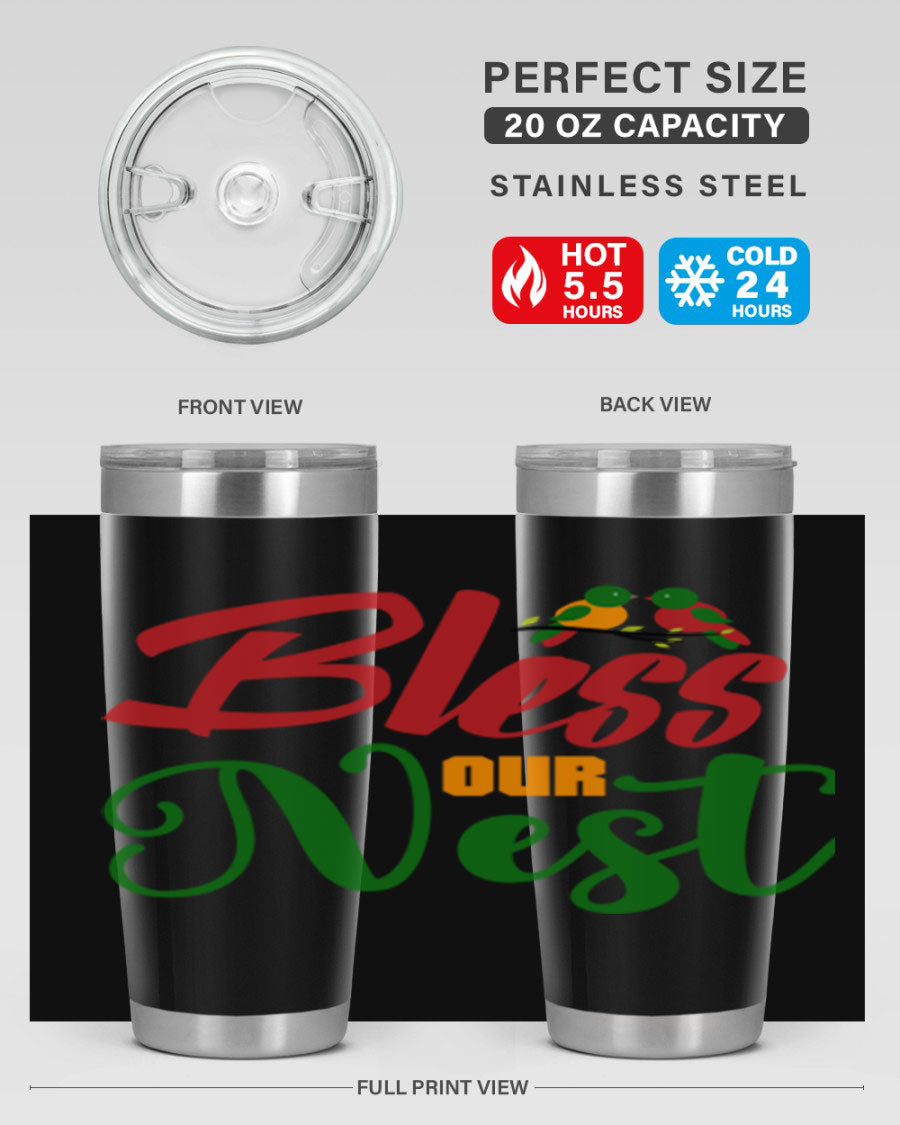 Bless Our Nest 20oz Tumbler featuring double wall vacuum stainless steel and a stylish design, perfect for hot and cold beverages.