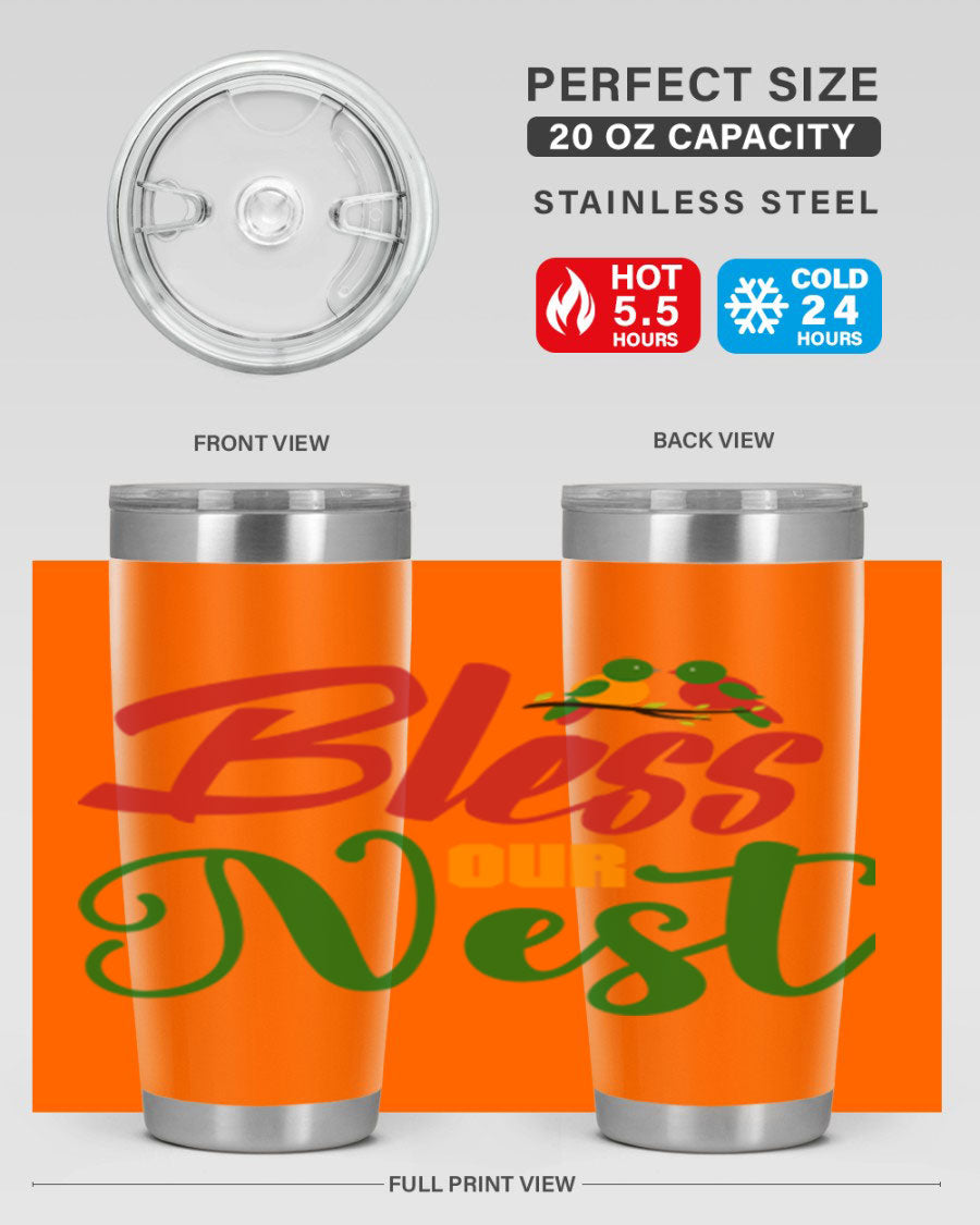 Bless Our Nest 20oz Tumbler featuring double wall vacuum stainless steel and a stylish design, perfect for hot and cold beverages.