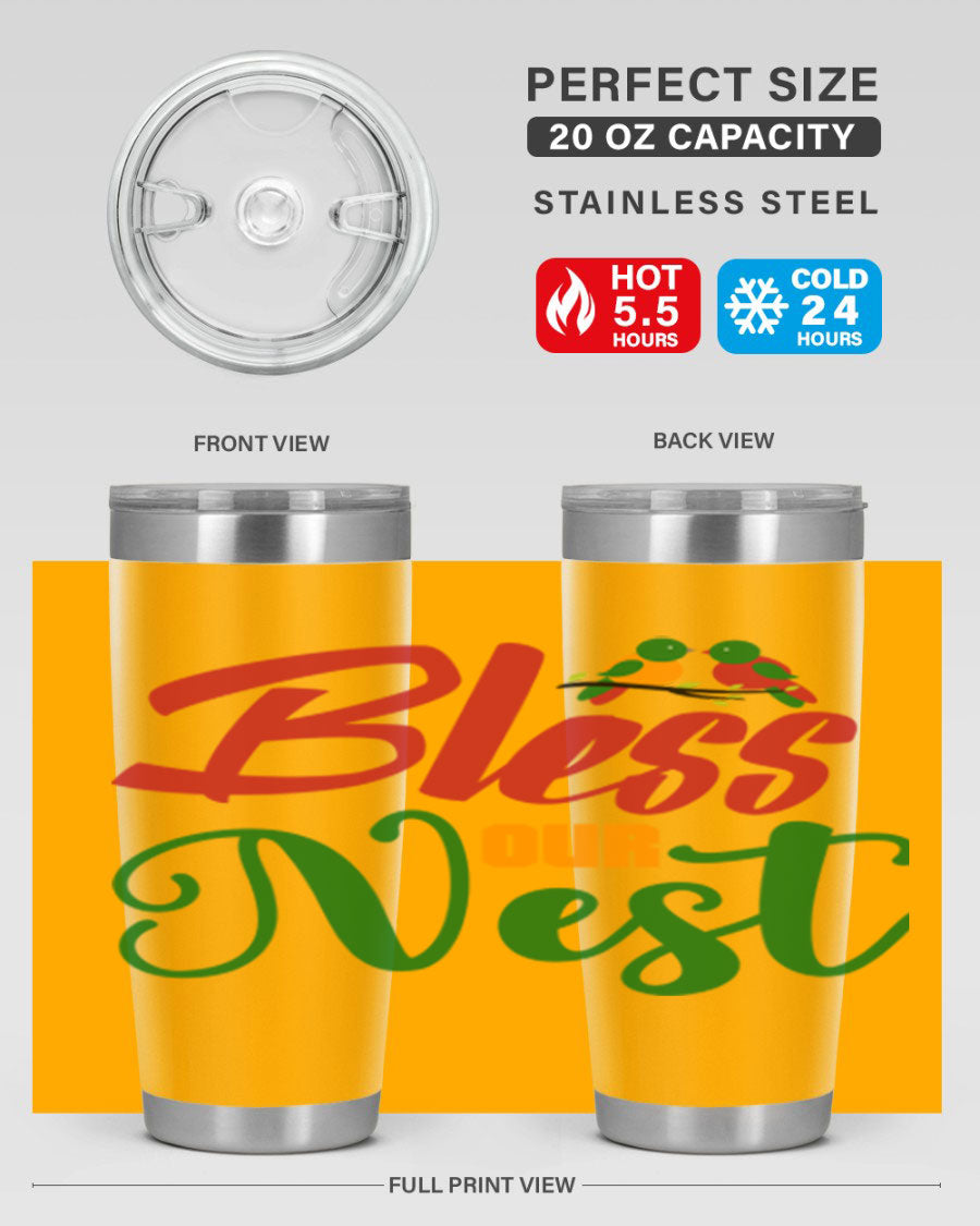 Bless Our Nest 20oz Tumbler featuring double wall vacuum stainless steel and a stylish design, perfect for hot and cold beverages.