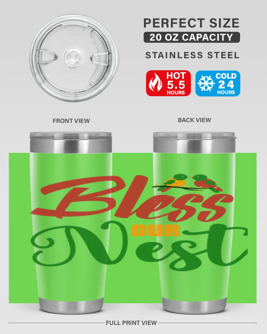 Bless Our Nest 20oz Tumbler featuring double wall vacuum stainless steel and a stylish design, perfect for hot and cold beverages.