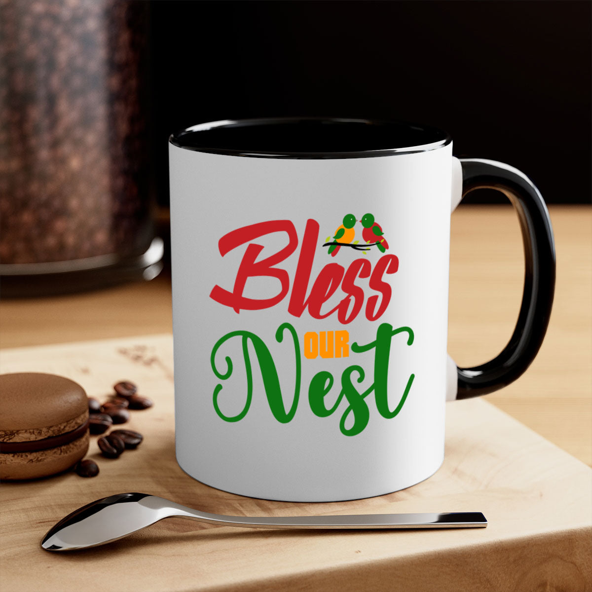 Bless Our Nest 67# Mug with two-tone design, featuring a colored handle and glossy finish, available in multiple colors.