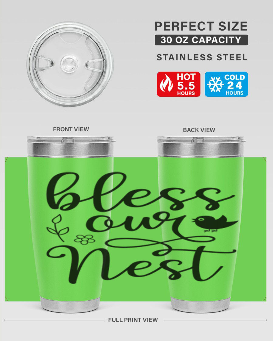 Bless Our Nest 20oz Tumbler in stainless steel with a stylish design, perfect for hot and cold beverages.