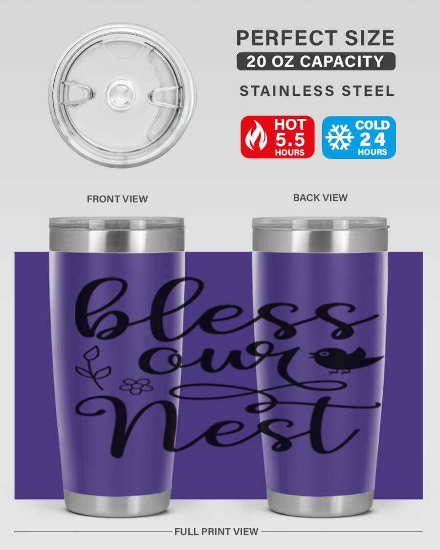 Bless Our Nest 20oz Tumbler in stainless steel with a stylish design, perfect for hot and cold beverages.