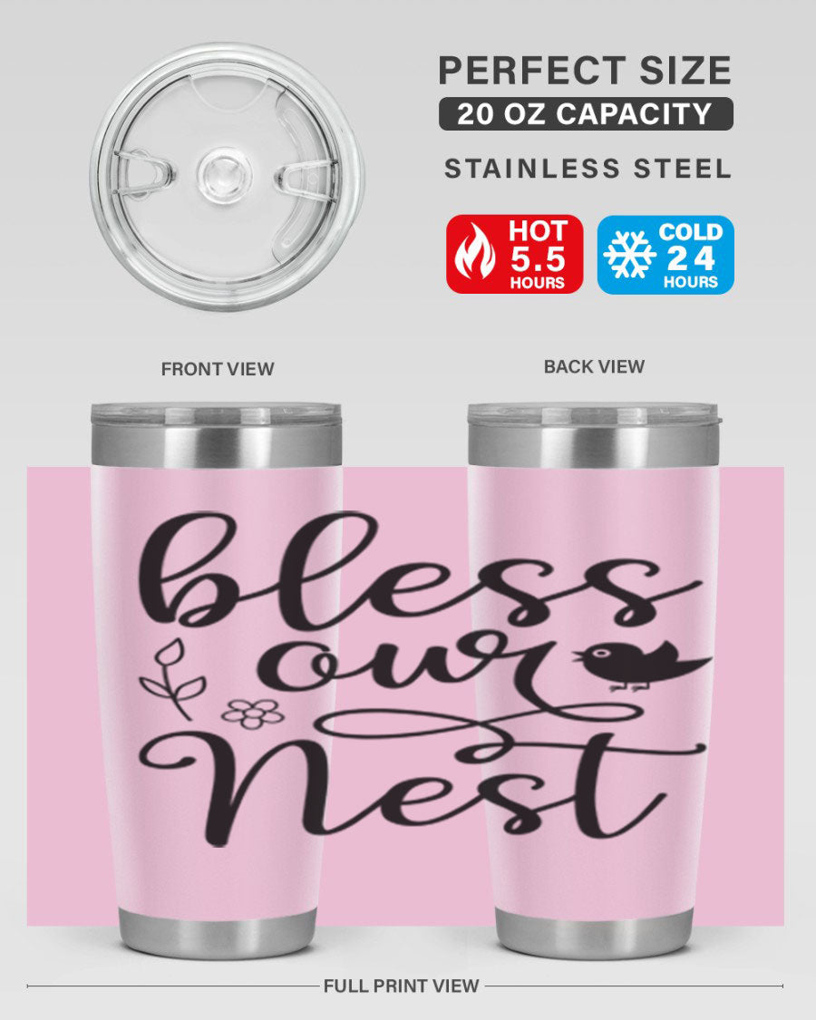 Bless Our Nest 20oz Tumbler in stainless steel with a stylish design, perfect for hot and cold beverages.