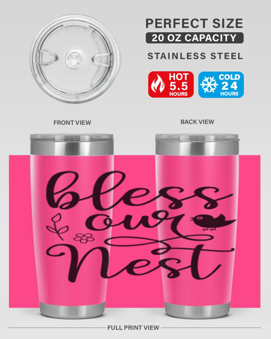 Bless Our Nest 20oz Tumbler in stainless steel with a stylish design, perfect for hot and cold beverages.