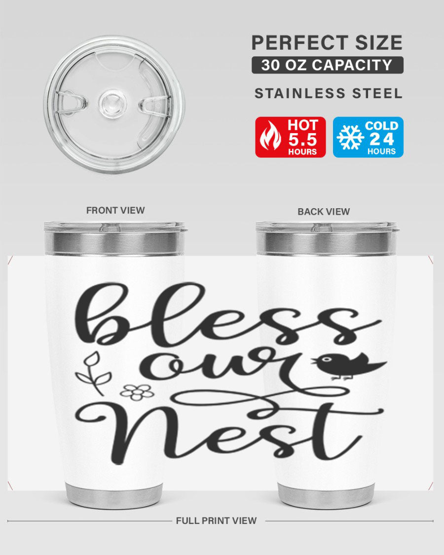 Bless Our Nest 20oz Tumbler in stainless steel with a stylish design, perfect for hot and cold beverages.