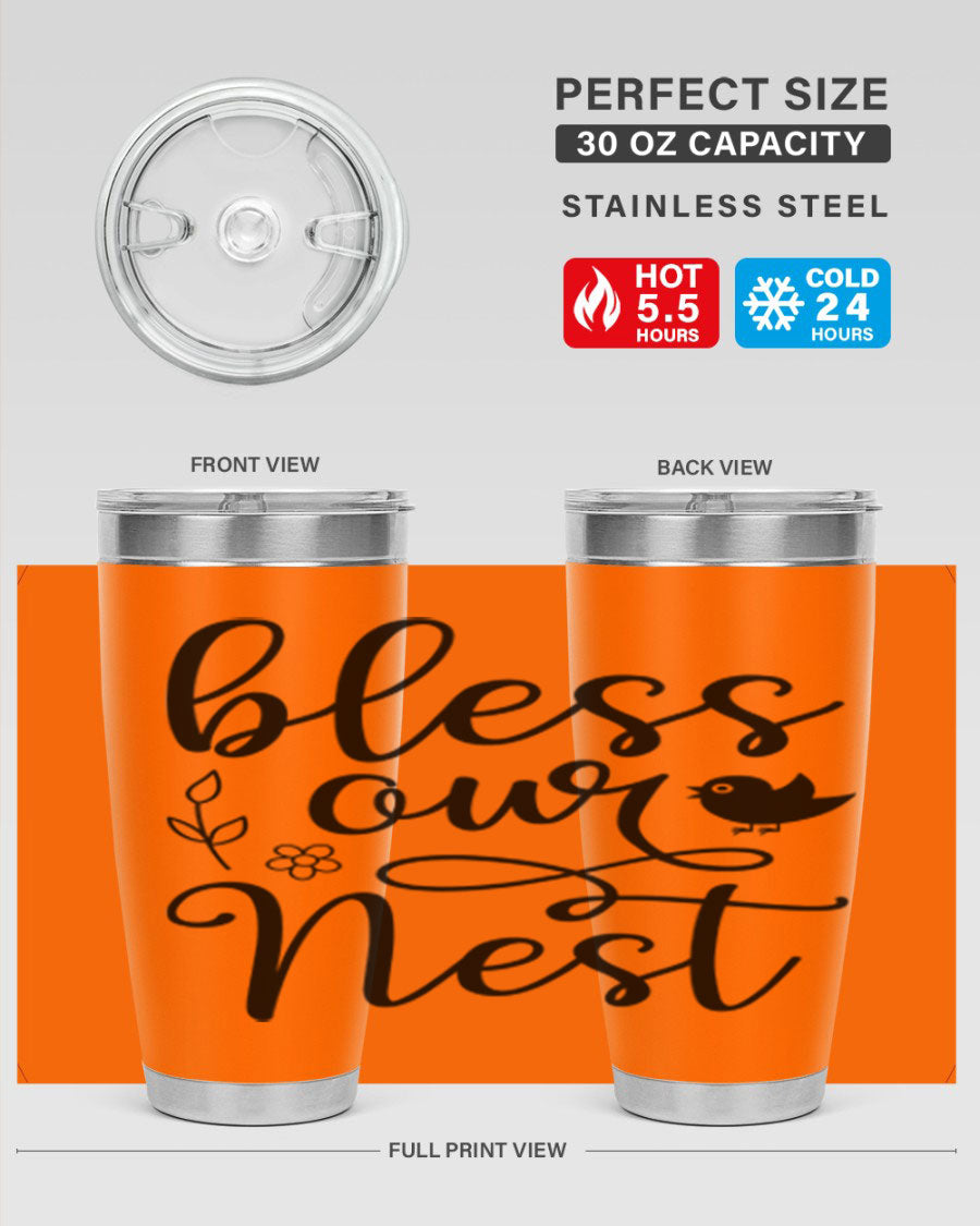 Bless Our Nest 20oz Tumbler in stainless steel with a stylish design, perfect for hot and cold beverages.