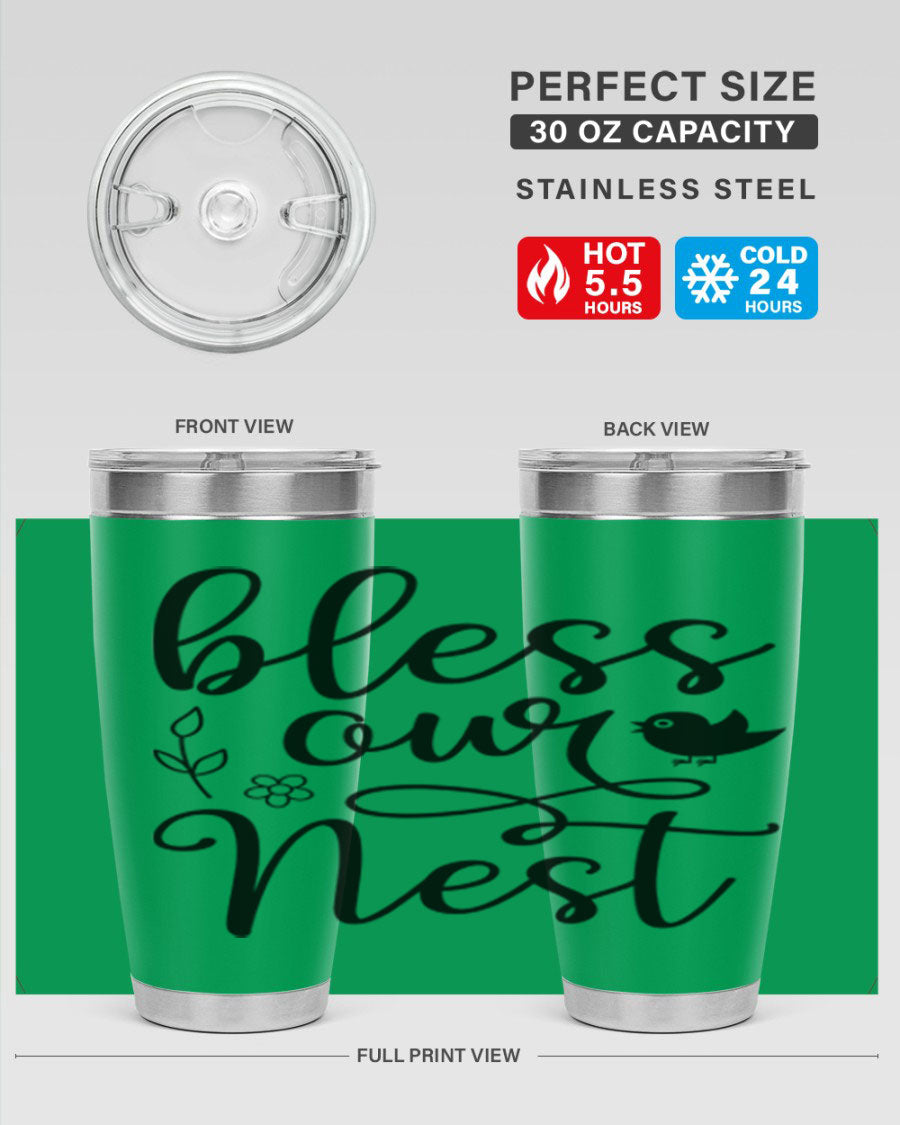 Bless Our Nest 20oz Tumbler in stainless steel with a stylish design, perfect for hot and cold beverages.