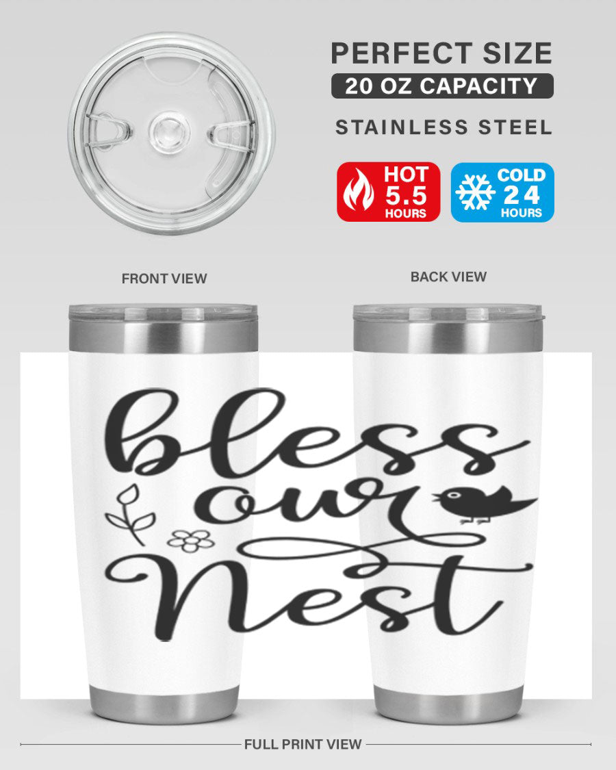 Bless Our Nest 20oz Tumbler in stainless steel with a stylish design, perfect for hot and cold beverages.