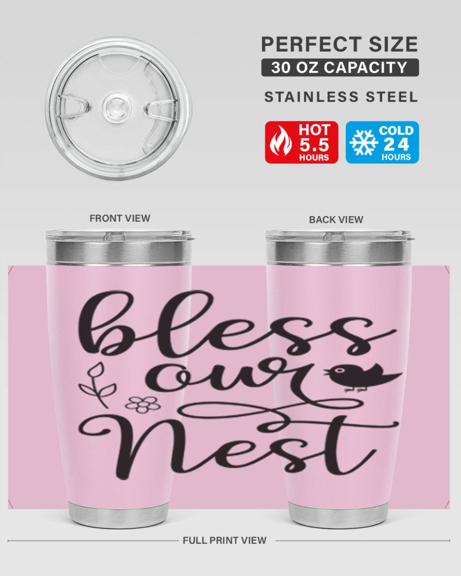 Bless Our Nest 20oz Tumbler in stainless steel with a stylish design, perfect for hot and cold beverages.