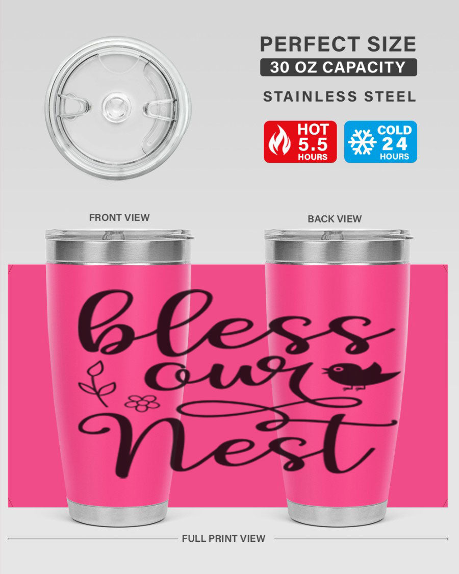 Bless Our Nest 20oz Tumbler in stainless steel with a stylish design, perfect for hot and cold beverages.