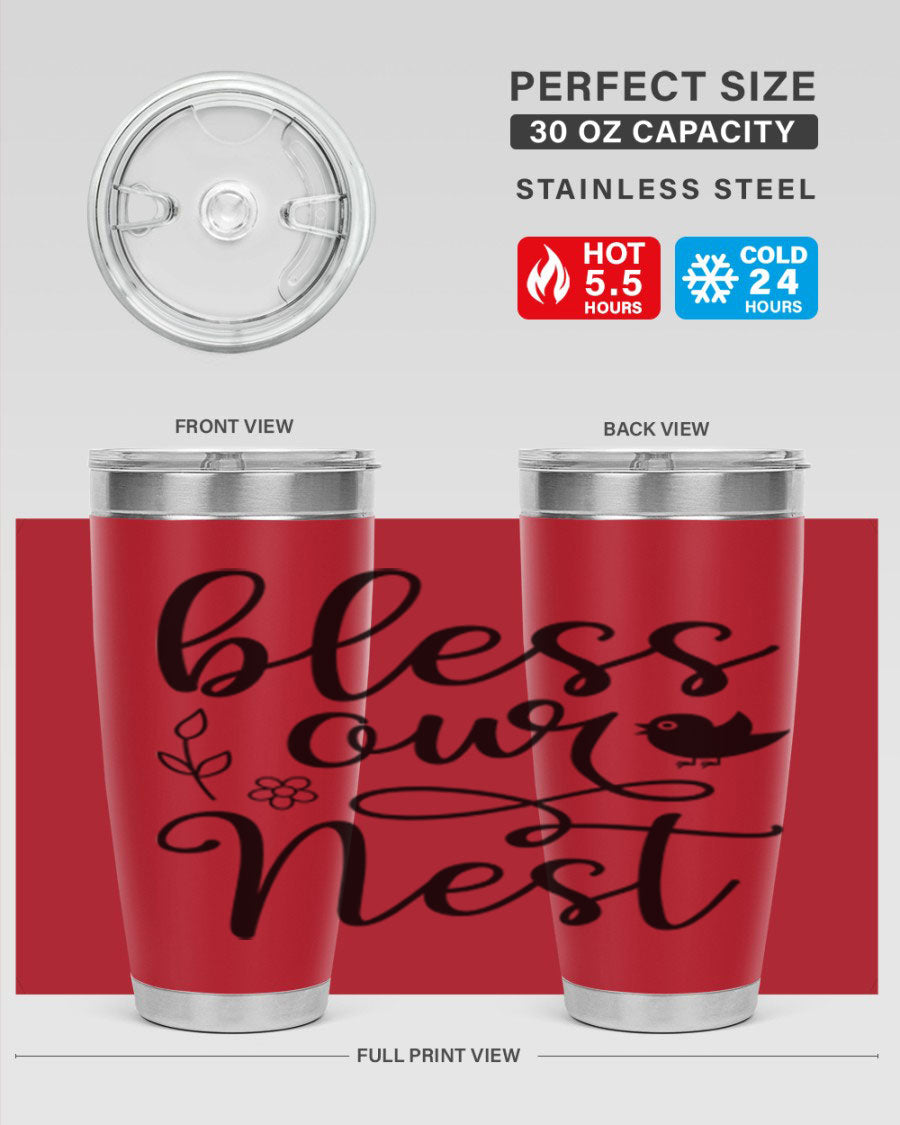 Bless Our Nest 20oz Tumbler in stainless steel with a stylish design, perfect for hot and cold beverages.