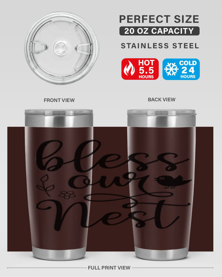 Bless Our Nest 20oz Tumbler in stainless steel with a stylish design, perfect for hot and cold beverages.