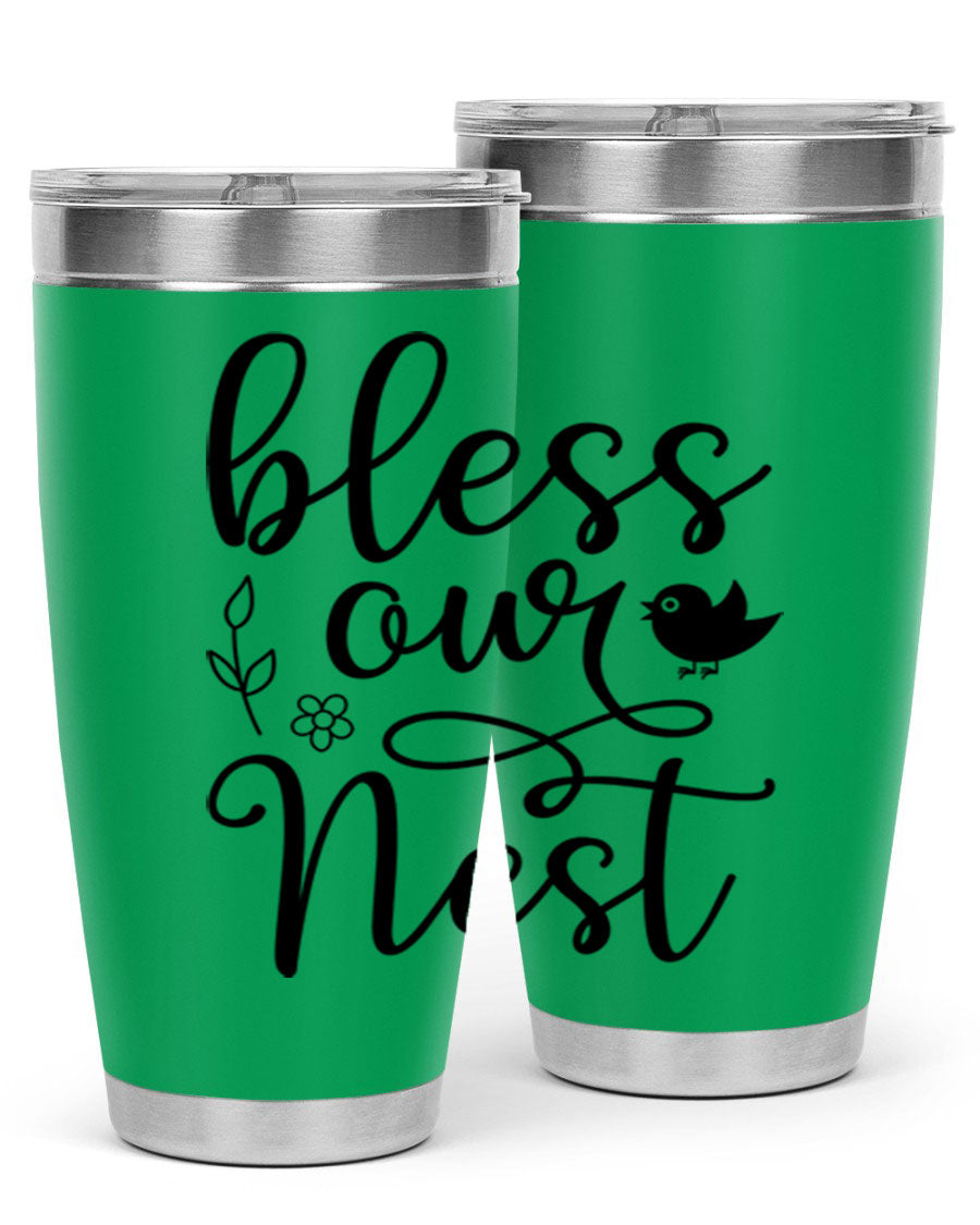 Bless Our Nest 20oz Tumbler in stainless steel with a stylish design, perfect for hot and cold beverages.