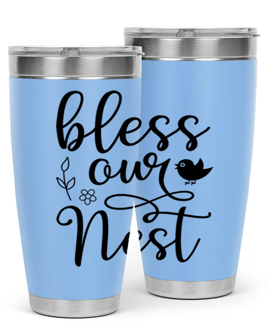 Bless Our Nest 20oz Tumbler in stainless steel with a stylish design, perfect for hot and cold beverages.