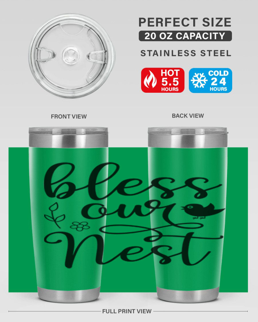 Bless Our Nest 20oz Tumbler in stainless steel with a stylish design, perfect for hot and cold beverages.