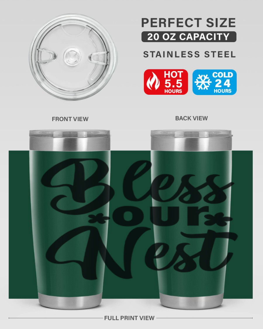 Bless Our Nest design tumbler in stainless steel, featuring a charming print and a press-in lid, ideal for hot and cold beverages.