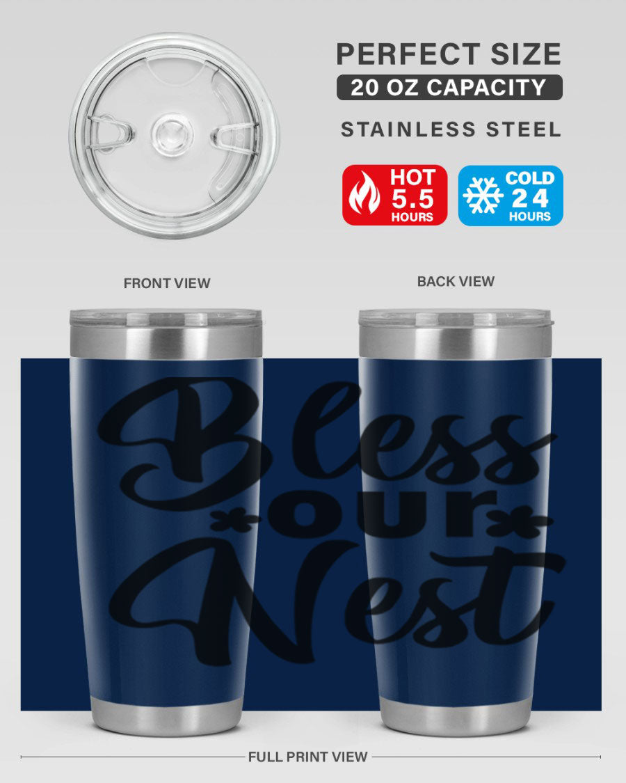 Bless Our Nest design tumbler in stainless steel, featuring a charming print and a press-in lid, ideal for hot and cold beverages.