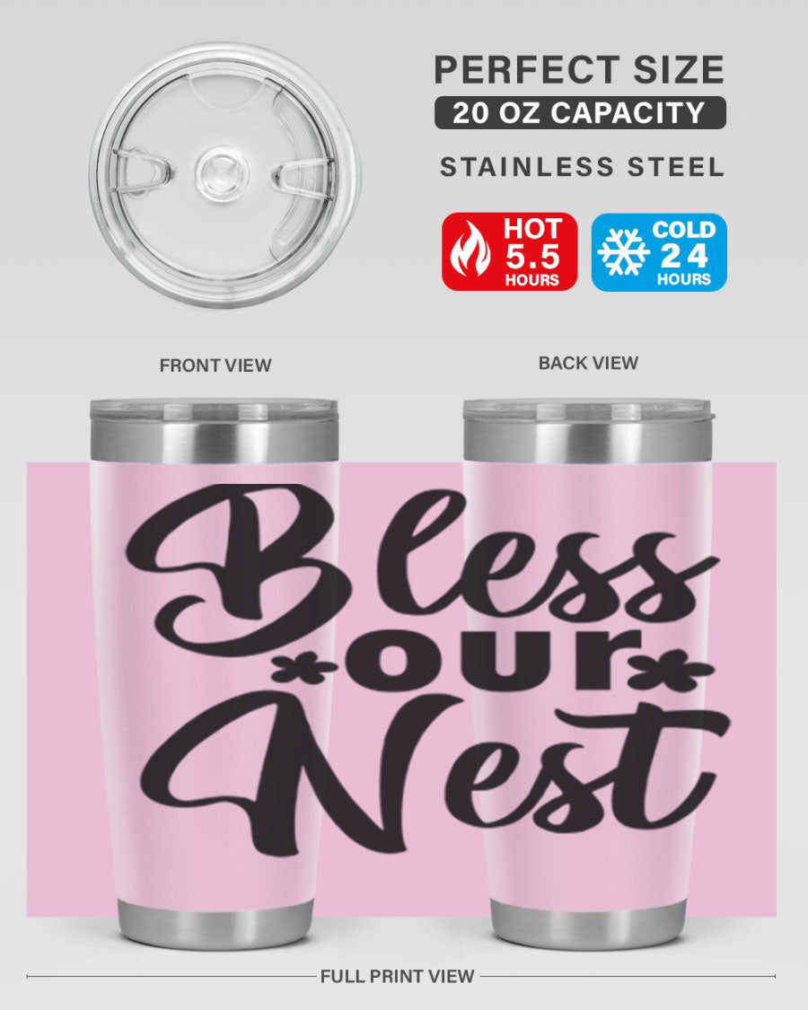 Bless Our Nest design tumbler in stainless steel, featuring a charming print and a press-in lid, ideal for hot and cold beverages.