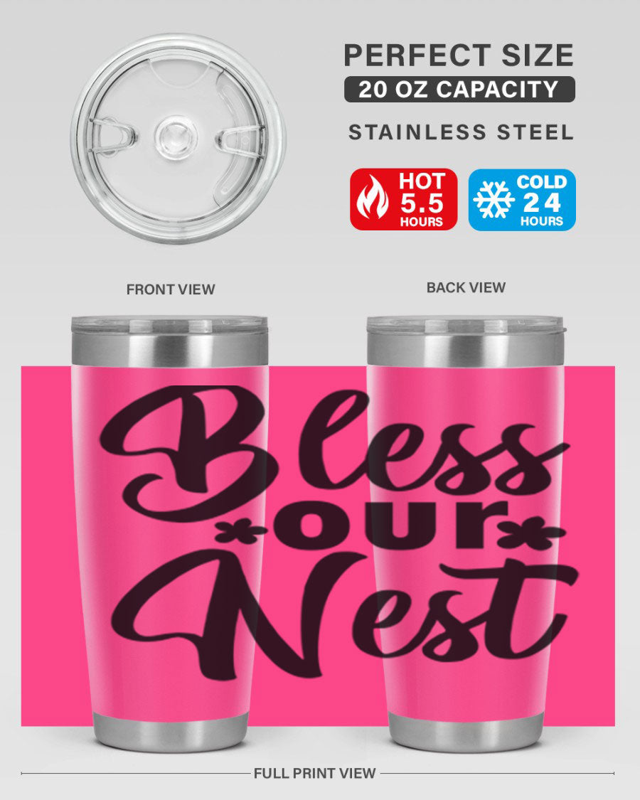 Bless Our Nest design tumbler in stainless steel, featuring a charming print and a press-in lid, ideal for hot and cold beverages.