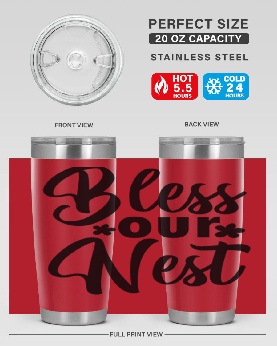 Bless Our Nest design tumbler in stainless steel, featuring a charming print and a press-in lid, ideal for hot and cold beverages.