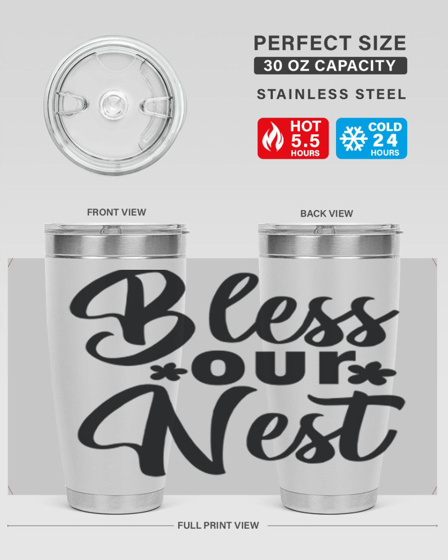 Bless Our Nest design tumbler in stainless steel, featuring a charming print and a press-in lid, ideal for hot and cold beverages.