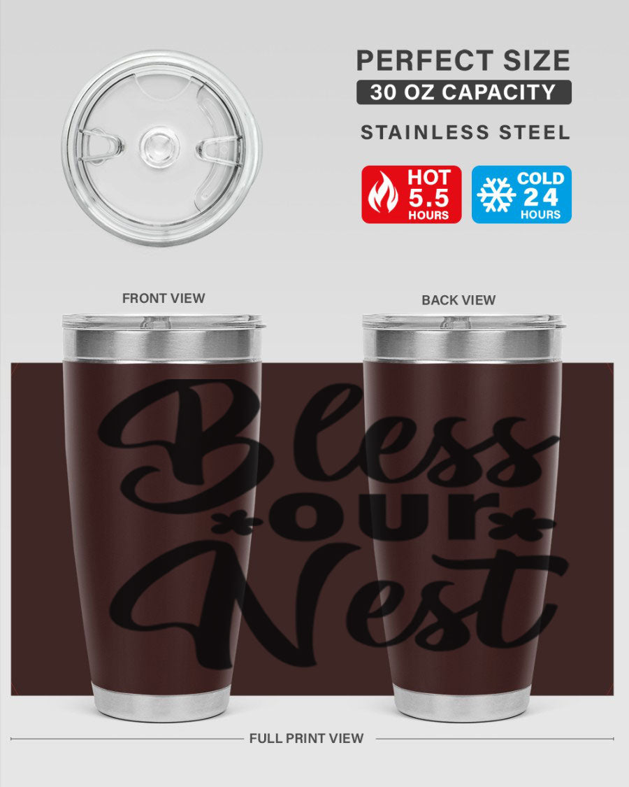 Bless Our Nest design tumbler in stainless steel, featuring a charming print and a press-in lid, ideal for hot and cold beverages.