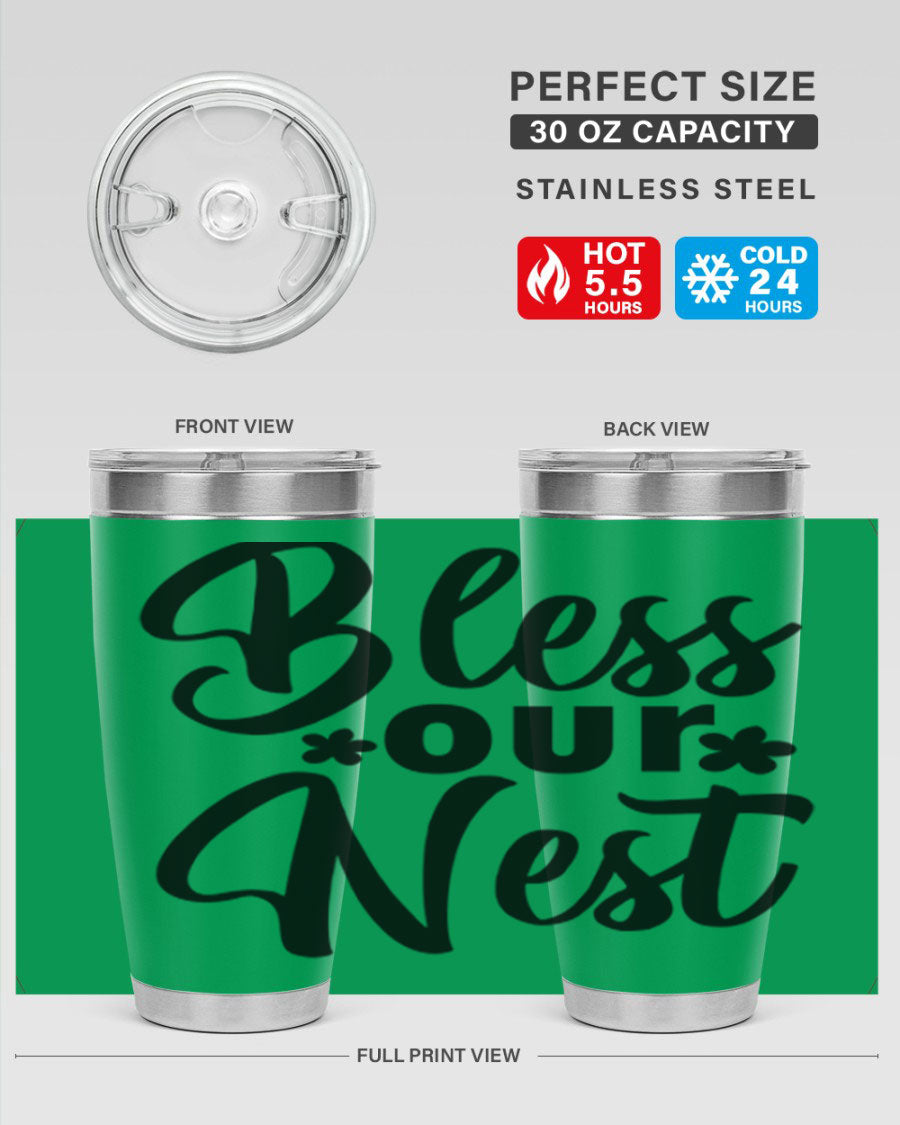 Bless Our Nest design tumbler in stainless steel, featuring a charming print and a press-in lid, ideal for hot and cold beverages.