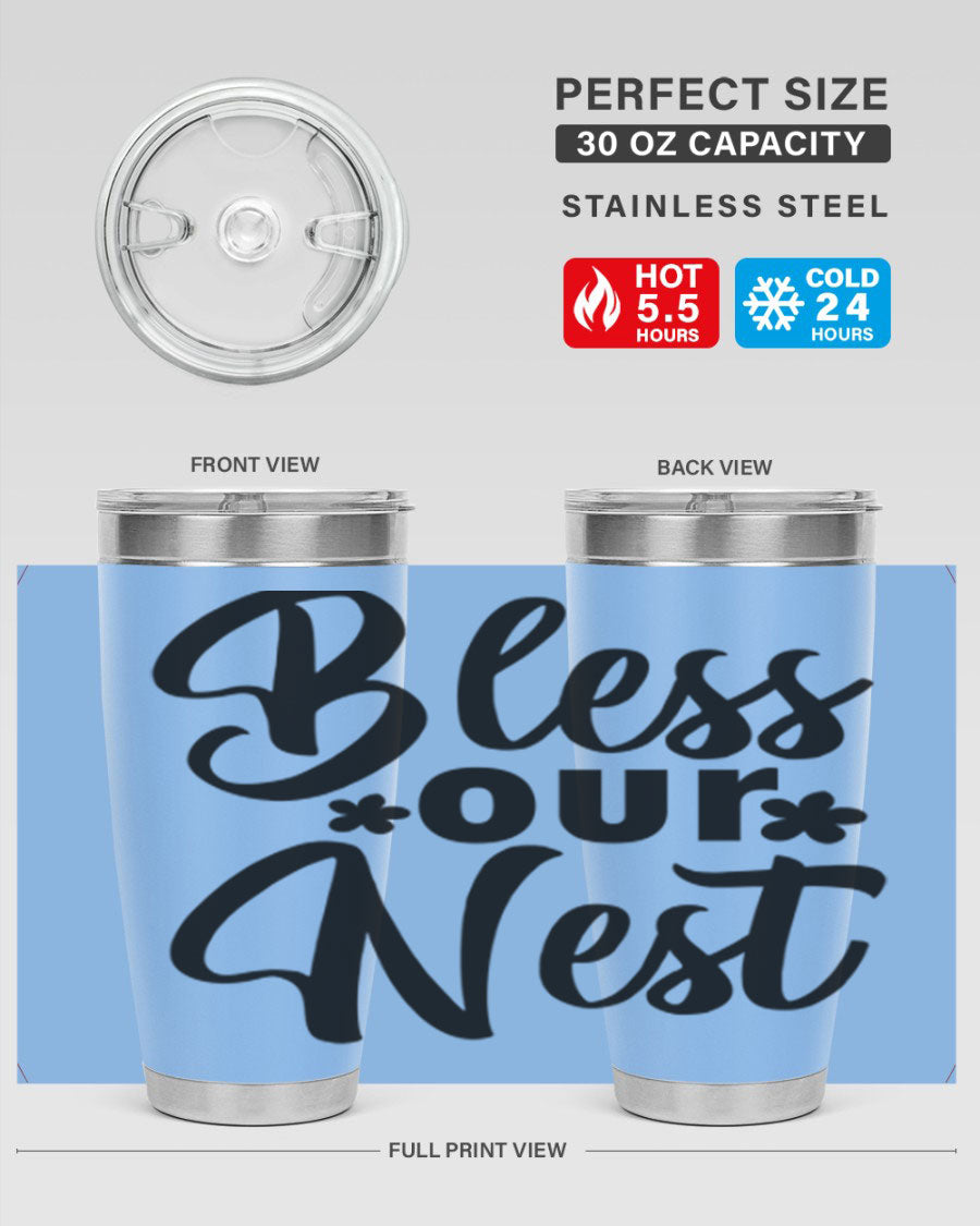 Bless Our Nest design tumbler in stainless steel, featuring a charming print and a press-in lid, ideal for hot and cold beverages.