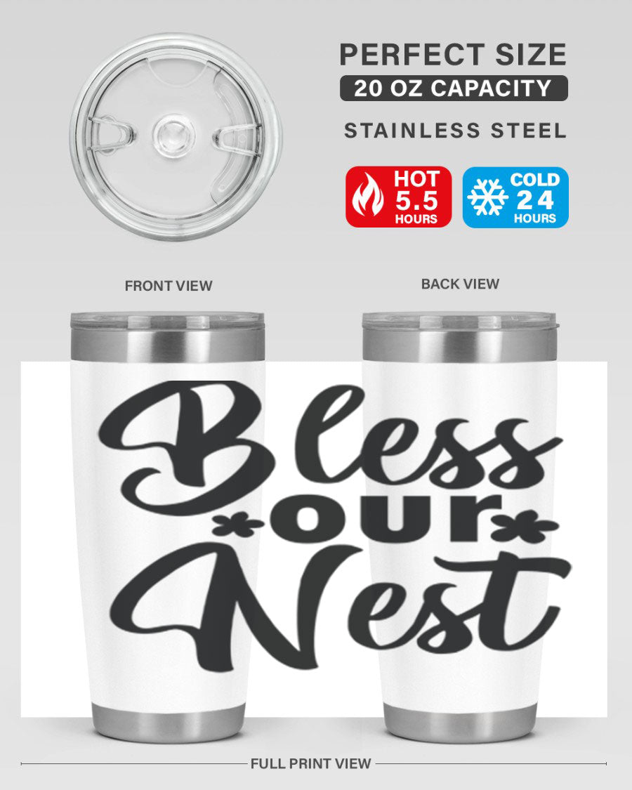 Bless Our Nest design tumbler in stainless steel, featuring a charming print and a press-in lid, ideal for hot and cold beverages.