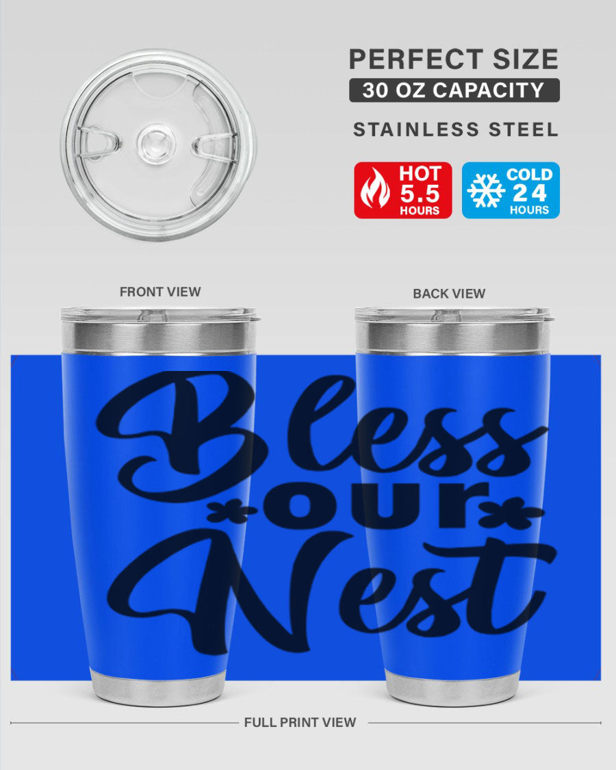 Bless Our Nest design tumbler in stainless steel, featuring a charming print and a press-in lid, ideal for hot and cold beverages.