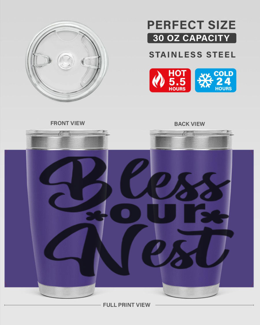 Bless Our Nest design tumbler in stainless steel, featuring a charming print and a press-in lid, ideal for hot and cold beverages.