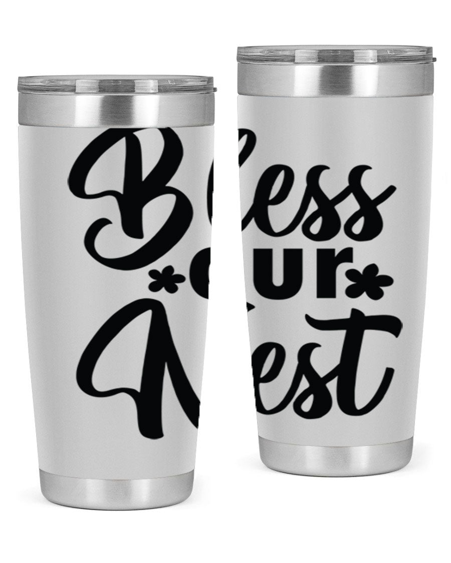 Bless Our Nest design tumbler in stainless steel, featuring a charming print and a press-in lid, ideal for hot and cold beverages.