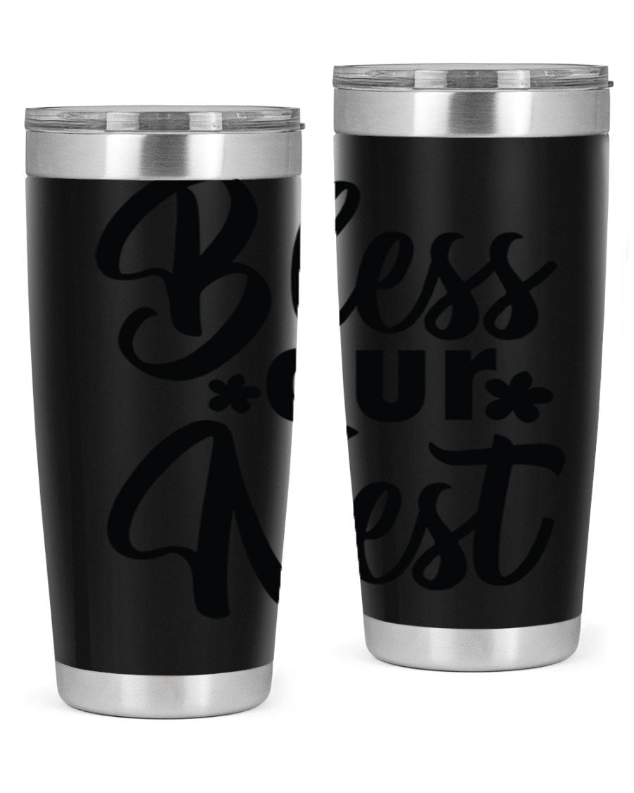 Bless Our Nest design tumbler in stainless steel, featuring a charming print and a press-in lid, ideal for hot and cold beverages.