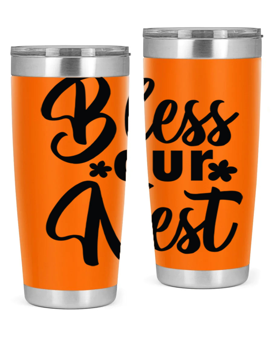 Bless Our Nest design tumbler in stainless steel, featuring a charming print and a press-in lid, ideal for hot and cold beverages.