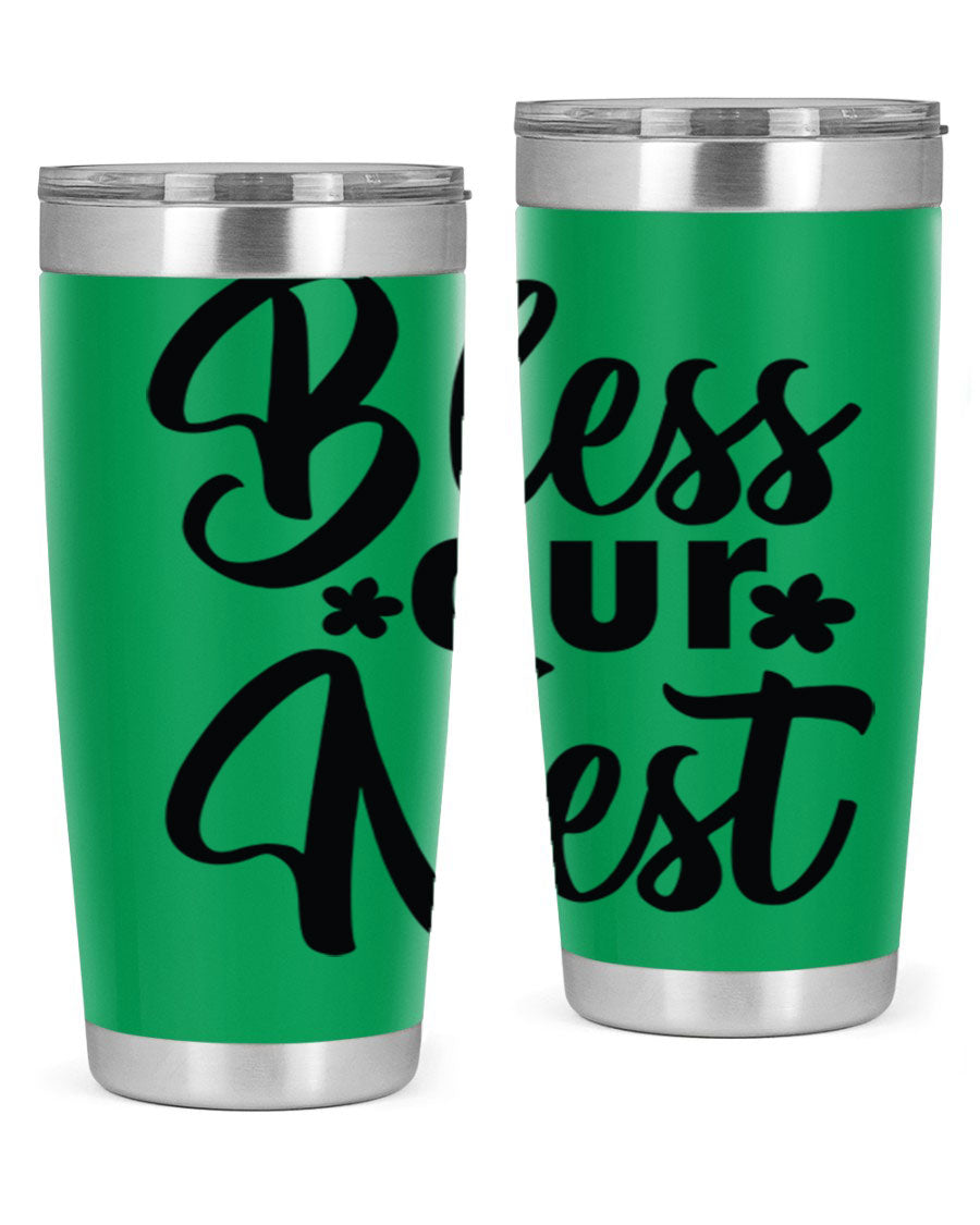 Bless Our Nest design tumbler in stainless steel, featuring a charming print and a press-in lid, ideal for hot and cold beverages.