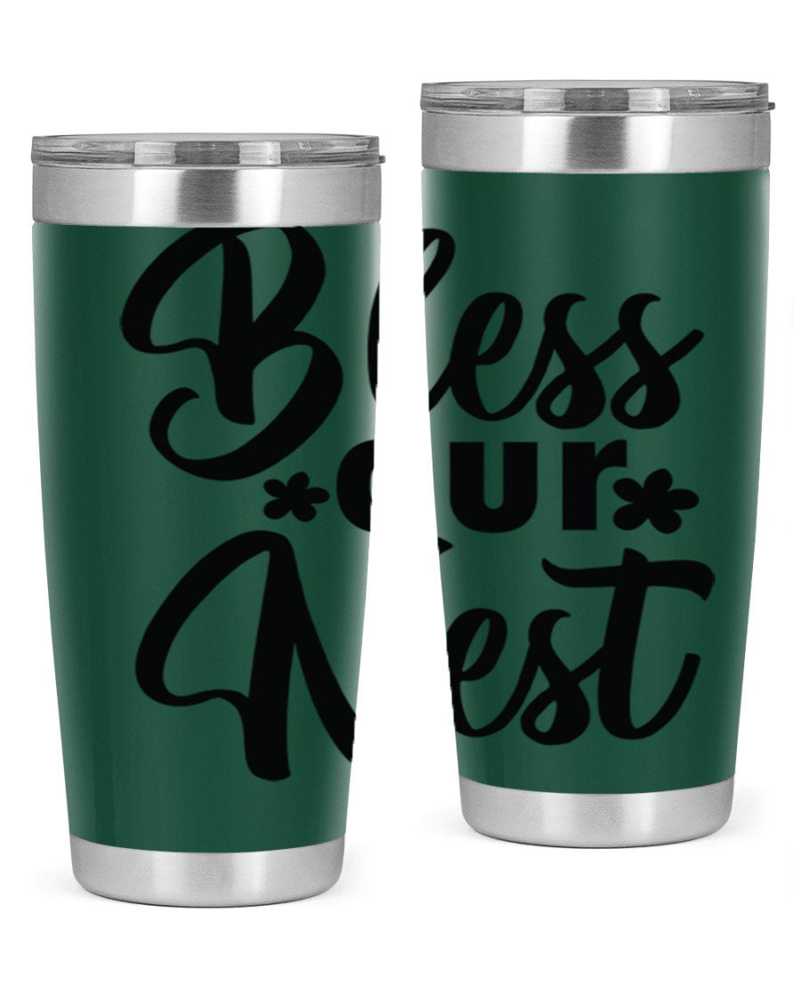 Bless Our Nest design tumbler in stainless steel, featuring a charming print and a press-in lid, ideal for hot and cold beverages.