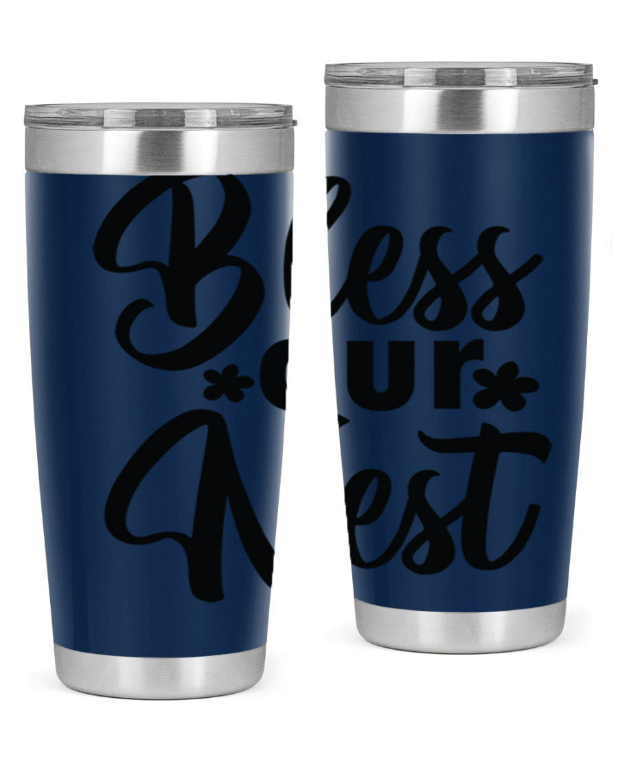 Bless Our Nest design tumbler in stainless steel, featuring a charming print and a press-in lid, ideal for hot and cold beverages.